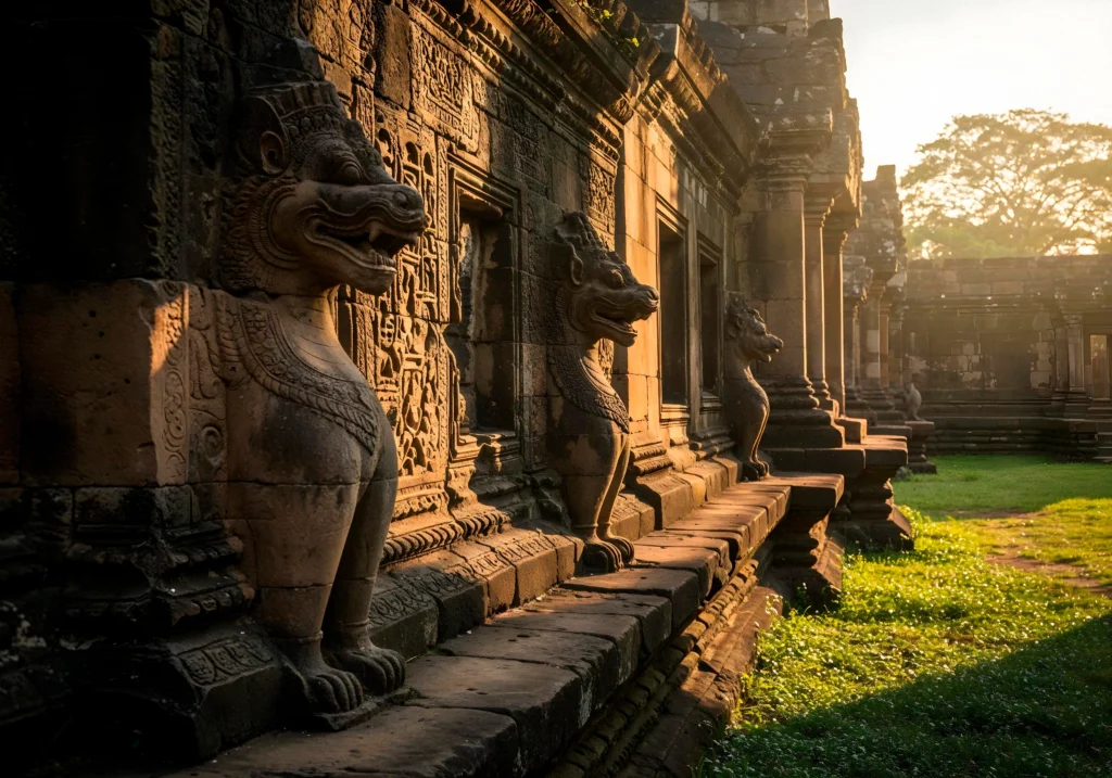 ancient khmer temple with stone statues